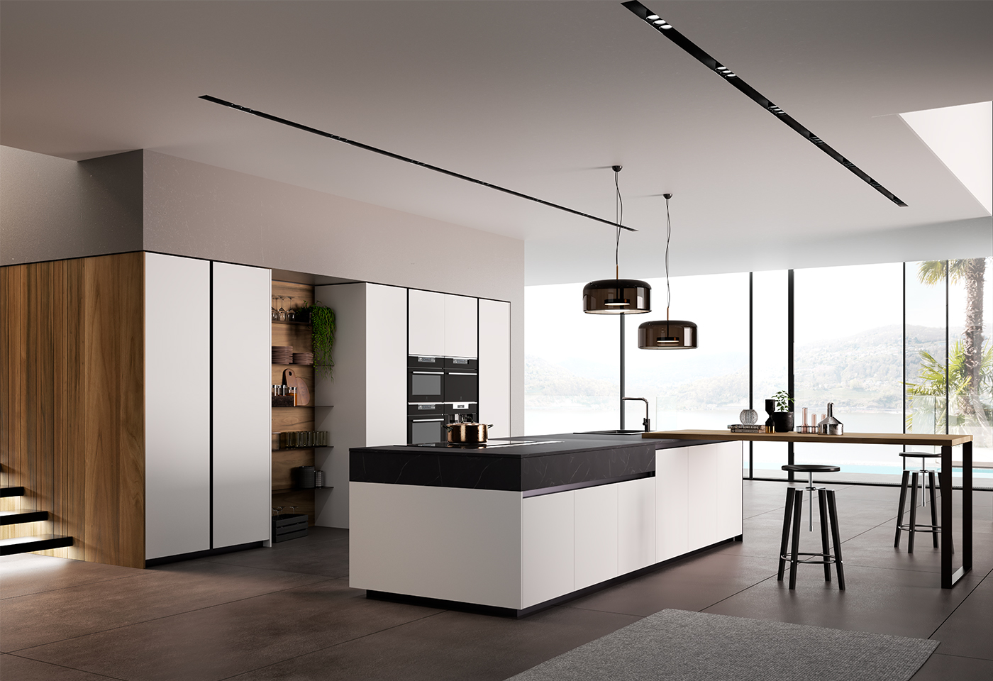 Cucina bianca design ad isola Glass e noir desire Artigianale