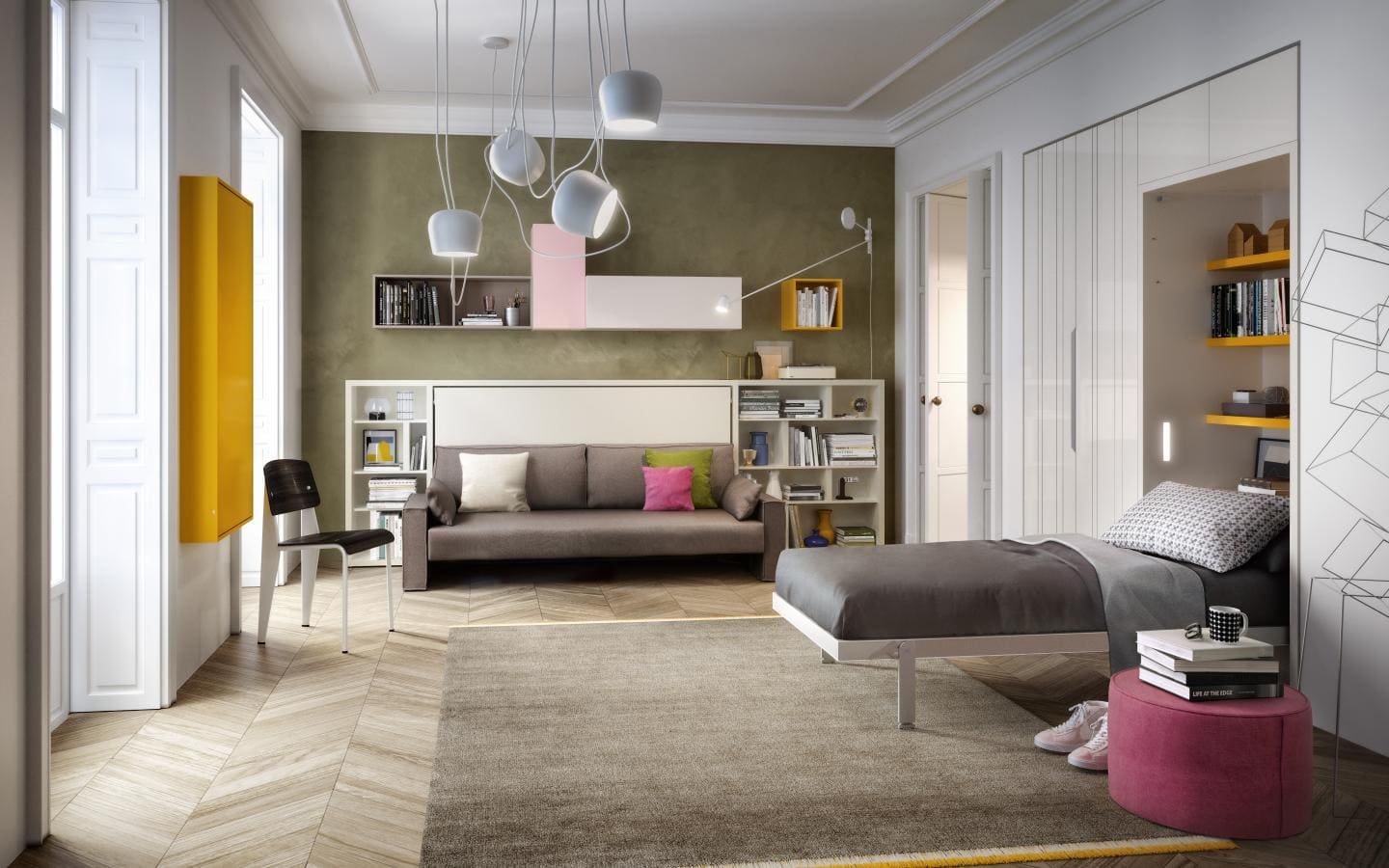 Letto singolo a scomparsa Clei Altea Standard aperto in ambiente moderno con divano integrato