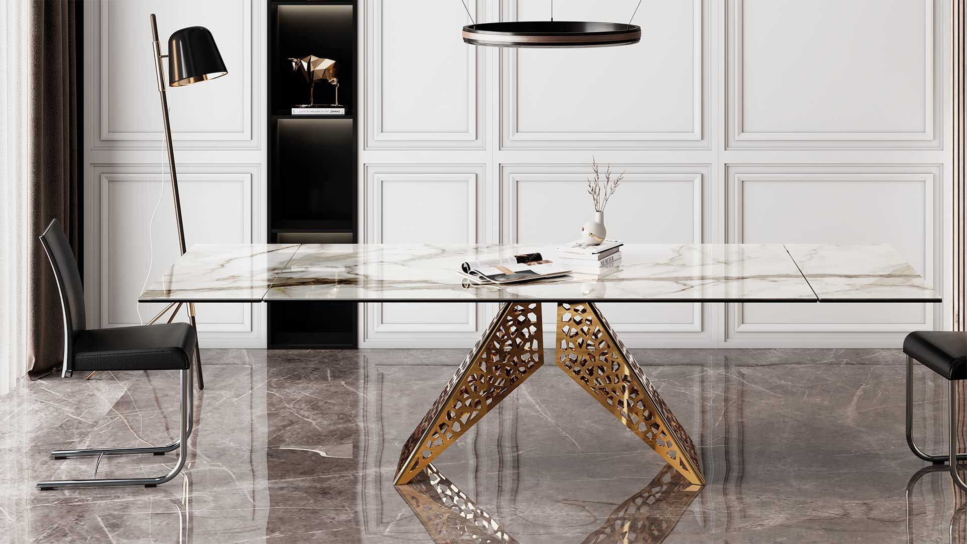 Tavolo Naos COLISEUM con piano in vetro e base scultorea dorata esposto da Actual Spotti a Bovisio Masciago, Milano Monza Brianza.