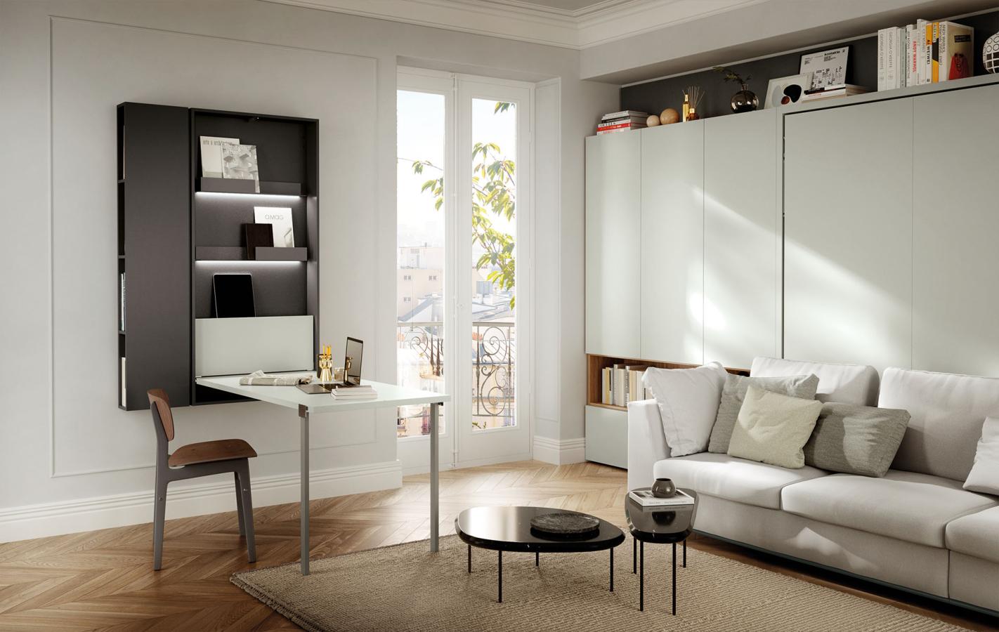 Scrivania a scomparsa Clei Wally Office chiusa e aperta in ambiente moderno e luminoso