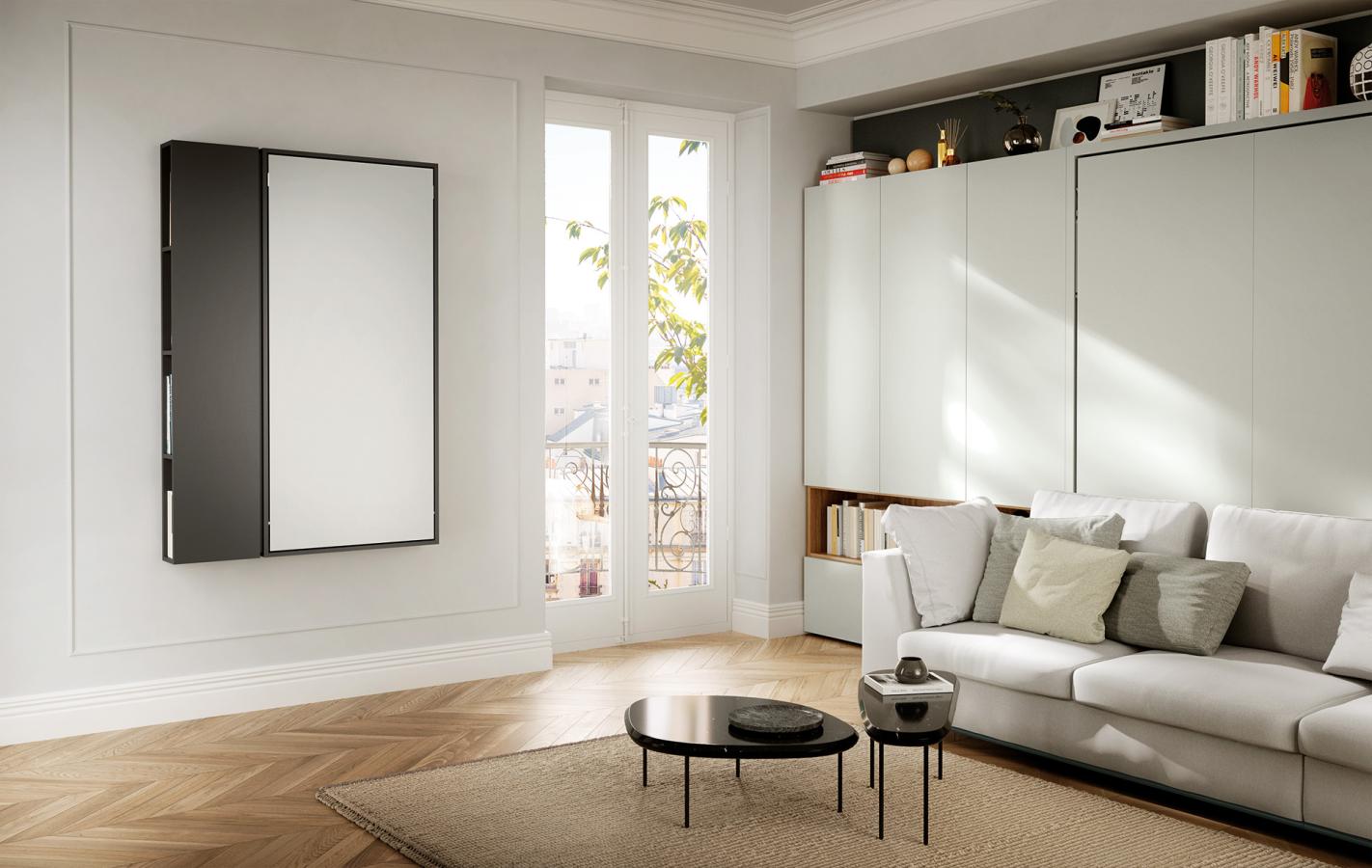 Scrivania a scomparsa Clei Wally Office chiusa e aperta in ambiente moderno e luminoso