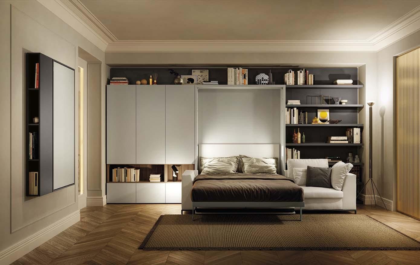 Letto a scomparsa Clei matrimoniale con divano integrato esposto nello showroom Actual Spotti a Bovisio Masciago, Milano Brianza.
